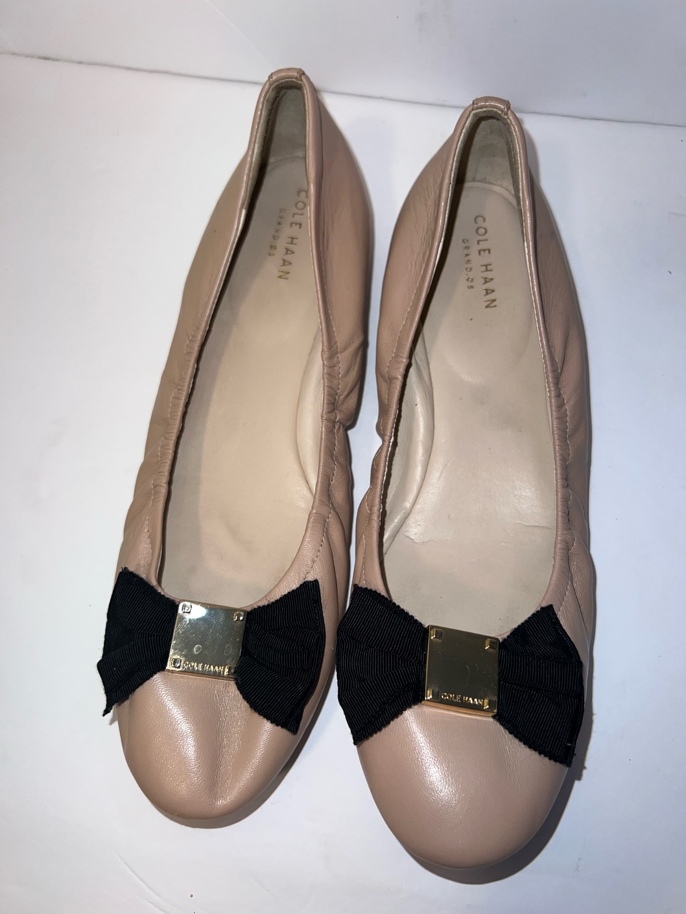 Cole Haan Nude Leather Bow Ballet Flats with Black Ribbon